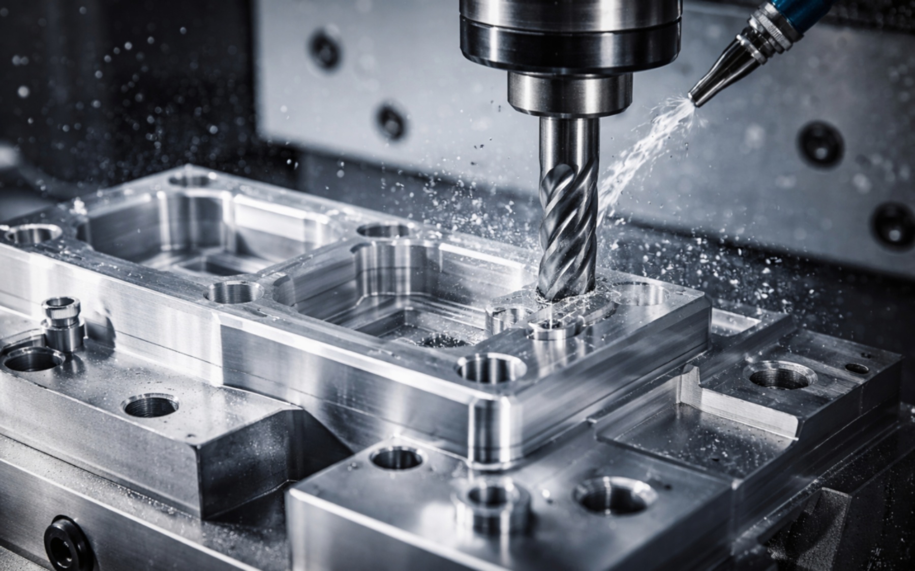 Machining center drilling a steel plate under coolant